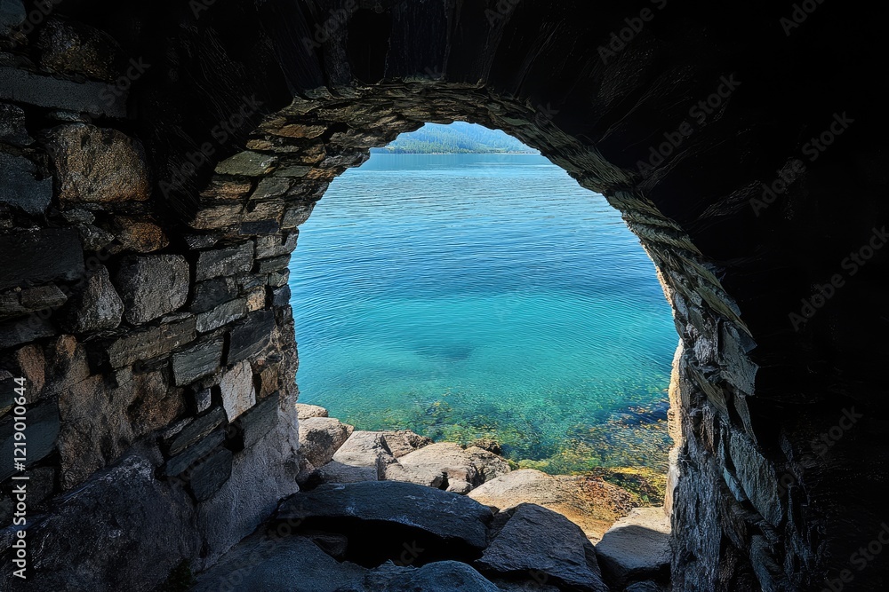 Serene coastal view framed by an ancient stone archway, revealing clear turquoise water and rocky shoreline. Serene coastal view framed by an ancient stone archway, revealing clear turquoise water and rocky shoreline.