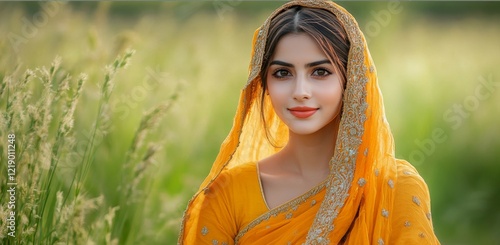 A young Indian woman in a vibrant orange saree and matching dupatta stands against a lush green field, exuding grace and beauty photo