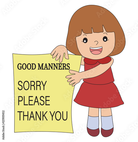 Little Girl Learning and Teaching Good Manners Educational Vector Illustration.