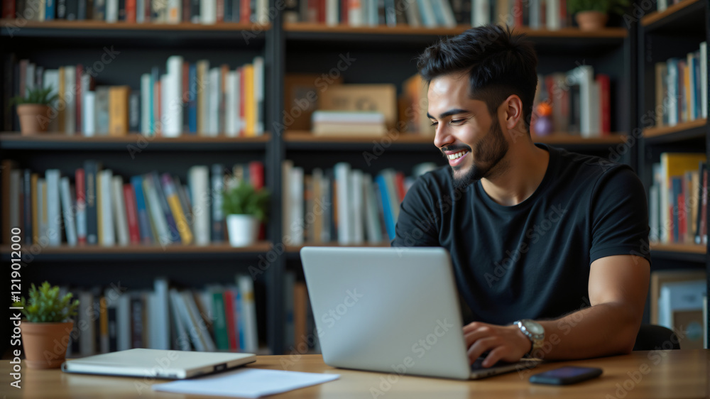A smiling young man engages with his laptop in a cozy library setting filled with books. A smiling young man engages with his laptop in a cozy library setting filled with books.