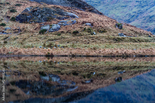 Mountainous terrain reflected in still water of mountain lake photo