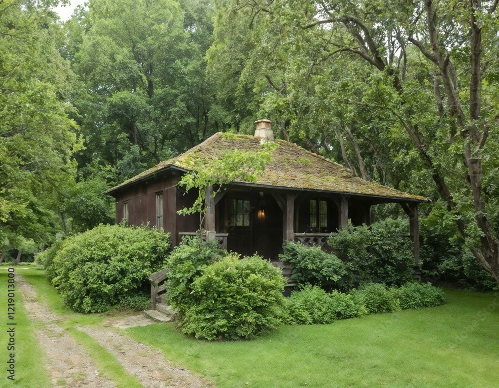 Mossy Cabin in Dense Forest Landscape with Gravel Path Mossy Cabin in Dense Forest Landscape with Gravel Path