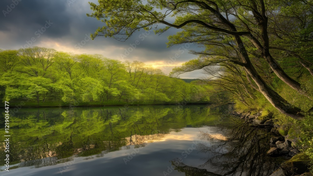 A serene landscape depicting a tranquil river bordered by lush green trees under a dramatic cloudy sky. A serene landscape depicting a tranquil river bordered by lush green trees under a dramatic cloudy sky.