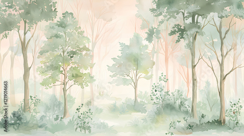 pastel-colored forest scene with gentle sunlight filtering through the trees, creating an atmosphere of tranquility and nature's beauty
