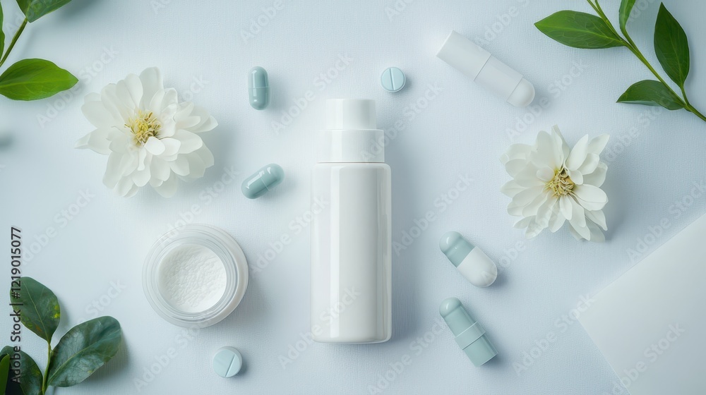 A medical pill bottle with capsules and a prescription pad on a white isolated background A medical pill bottle with capsules and a prescription pad on a white isolated background