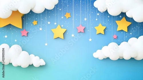 Paper art style night sky with hanging stars and clouds.