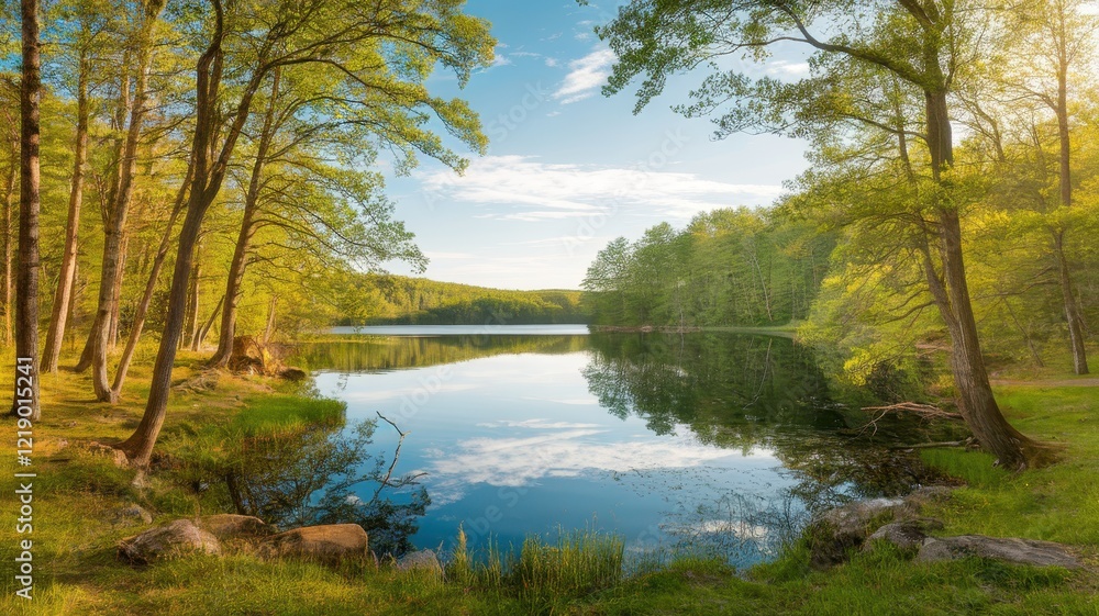 A serene landscape showcasing a calm lake surrounded by lush green trees under a clear blue sky, capturing the tranquility of nature.