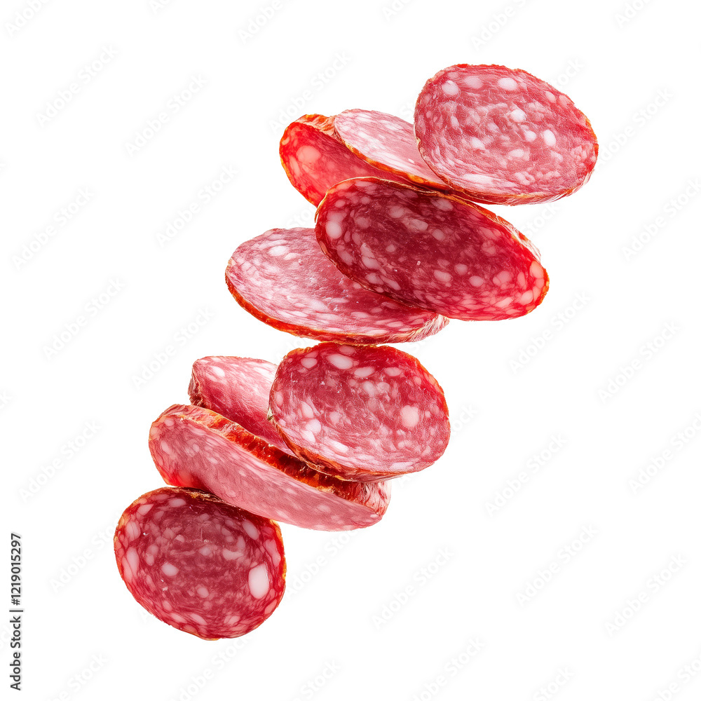 Close-up of Saucisson Sec slices isolated on white transparent background. Concept of fresh deli meat and gourmet food. Close-up of Saucisson Sec slices isolated on white transparent background. Concept of fresh deli meat and gourmet food.