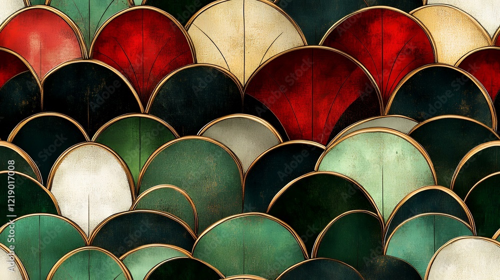 Fototapeta premium Abstract art deco scales pattern; textured design, red, green, gold; background for website, print