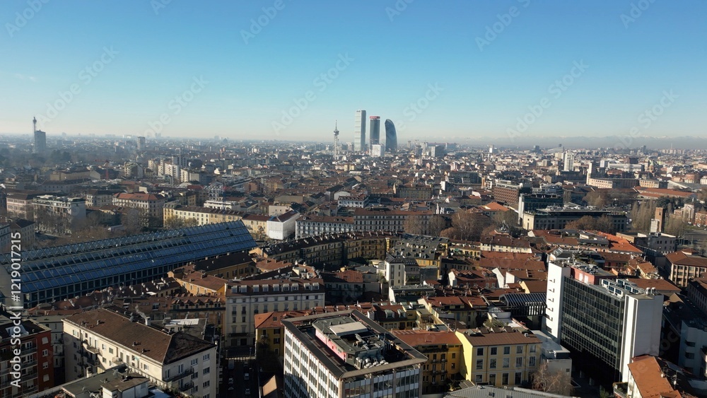 Europe, Italy, Milan 01,30,2025 drone aerial view of Garibaldi Railway station , arrive in Milan fashion city downtown with Frecciarossa train