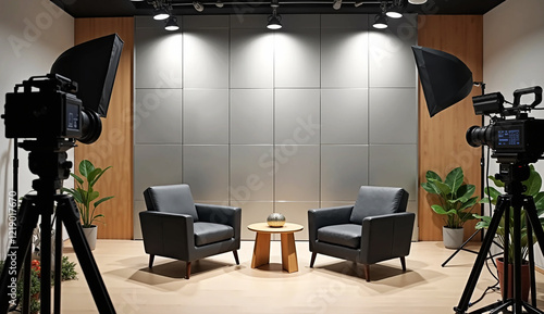 The interior of a studio is set up for podcasting and interviews, featuring two chairs