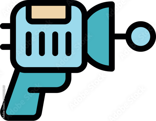 Cartoon ray gun firing energy beam, futuristic space weapon icon in retro style