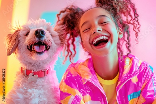 Teenage girl joyfully laughs as her dog joins her yoga session in a colorful room photo