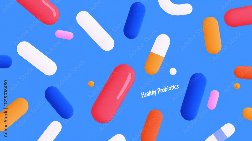 Probiotic illustration, Colorful capsules scattered over a vibrant blue background, suggesting themes of health, wellness, and pharmaceuticals. Probiotic illustration, Colorful capsules scattered over a vibrant blue background, suggesting themes of health, wellness, and pharmaceuticals.