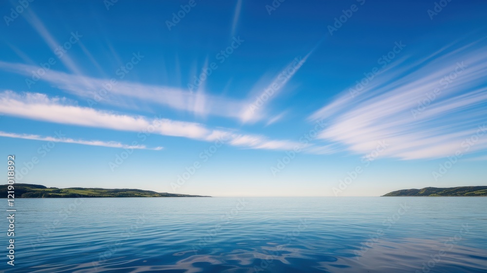 Obraz premium A serene ocean view captures a tranquil scene with gentle waves reflecting a vibrant sky filled with wispy clouds.