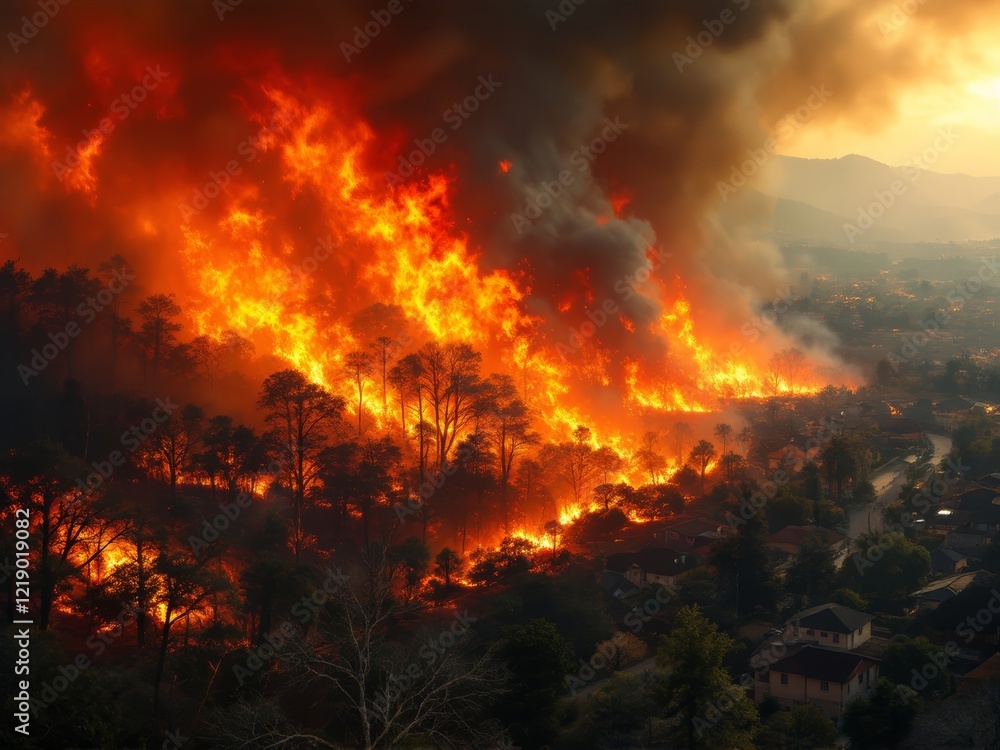 Forest engulfed in flames during wildfire Forest engulfed in flames during wildfire