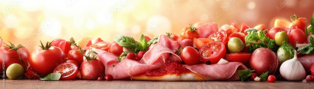 Discover an image of a stylish pizza with gourmet presentation, showcasing bright, fresh garnishes A culinary delight featuring vibrant tomatoes, sliced ham, and fragrant basil A feast for the eyes Discover an image of a stylish pizza with gourmet presentation, showcasing bright, fresh garnishes A culinary delight featuring vibrant tomatoes, sliced ham, and fragrant basil A feast for the eyes