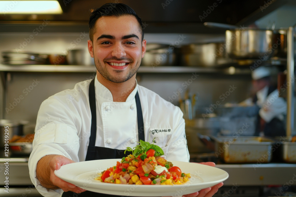 Professional chef presenting a gourmet dish in a busy restaurant kitchen. Professional chef presenting a gourmet dish in a busy restaurant kitchen.