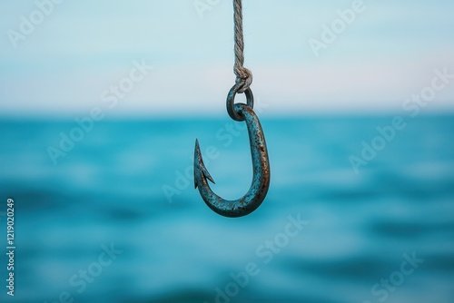 Rusty Metal Fishing Hook Against Blurred Ocean Background photo