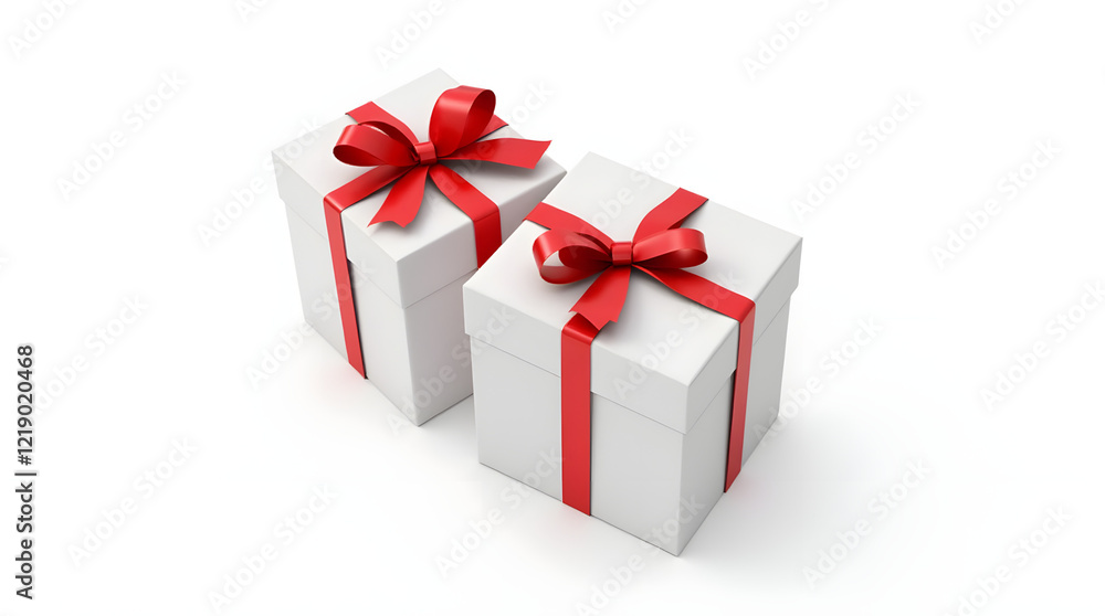White gift box with red ribbon bow, isolated on white White gift box with red ribbon bow, isolated on white