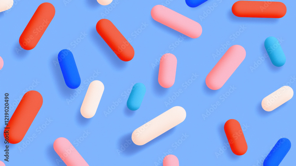 Probiotic illustration, Colorful capsules scattered on a blue background create a vibrant, abstract pattern, ideal for health and pharmaceutical-themed designs. Probiotic illustration, Colorful capsules scattered on a blue background create a vibrant, abstract pattern, ideal for health and pharmaceutical-themed designs.