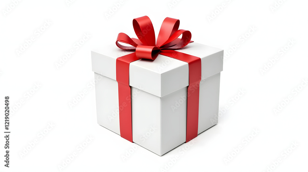 White gift box with red ribbon bow, isolated on white White gift box with red ribbon bow, isolated on white