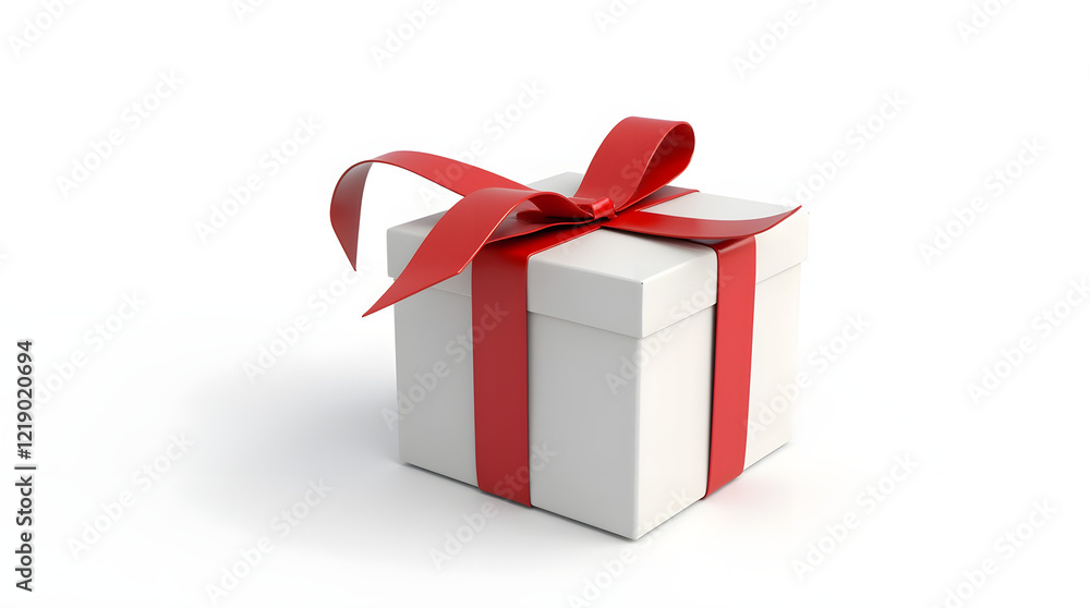White gift box with red ribbon bow, isolated on white White gift box with red ribbon bow, isolated on white