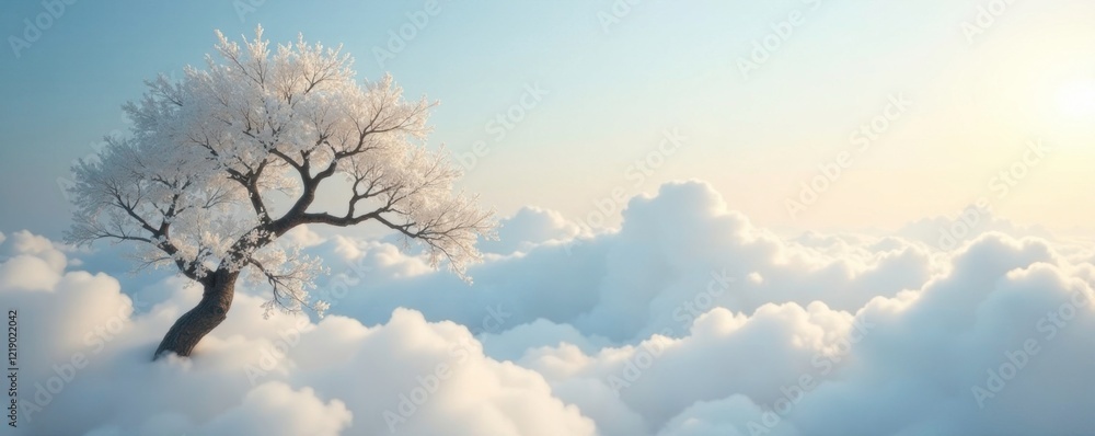 A majestic white pear branch rises above fluffy clouds, misty, airy