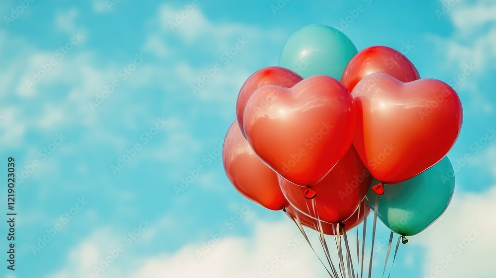 A heart-shaped balloon bouquet floating against a blue sky A heart-shaped balloon bouquet floating against a blue sky