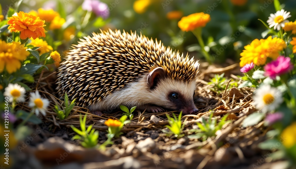 An ultra-realistic shot of a hedgehog nestled in a cozy garden corner, surrounded by a mix of dry leaves, small twigs, and colorful flowers. The hedgehog is curled slightly, with its spines radiating An ultra-realistic shot of a hedgehog nestled in a cozy garden corner, surrounded by a mix of dry leaves, small twigs, and colorful flowers. The hedgehog is curled slightly, with its spines radiating