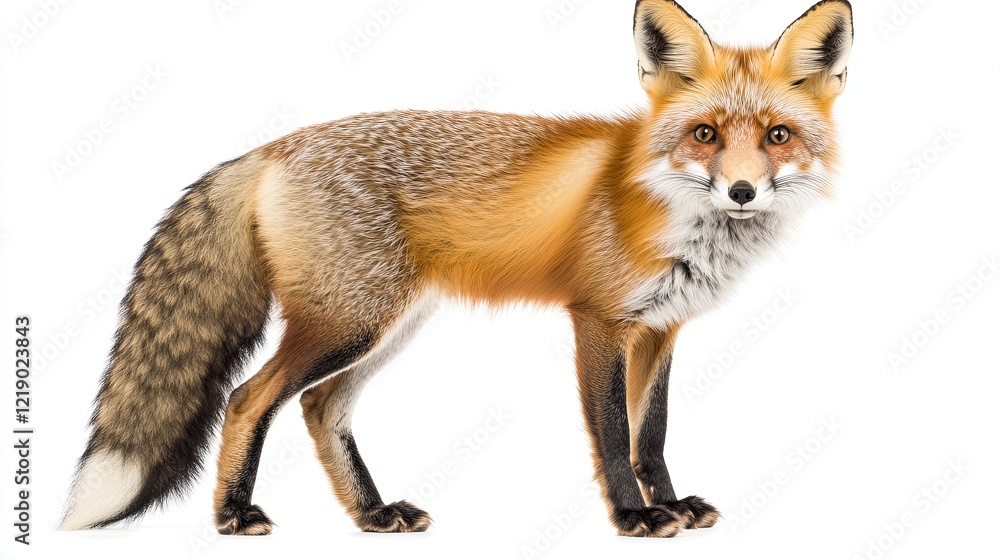 Fototapeta premium A beautiful red fox with a fluffy tail standing and facing the camera. 