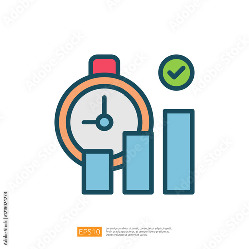 a stopwatch and bar graphs, symbolizing time management and performance metrics. It represents efficiency and productivity in various contexts. Flat line style icon