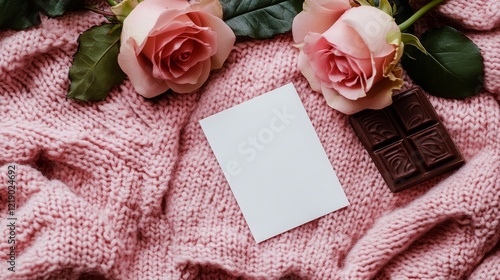 Blank greeting card, roses and chocolate on pink knited background