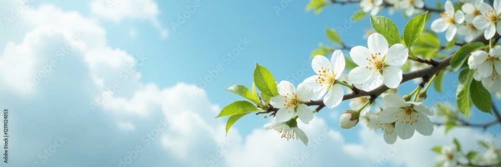 Obraz premium A majestic white pear branch stretches towards the sky, cloudy, floral, blossom
