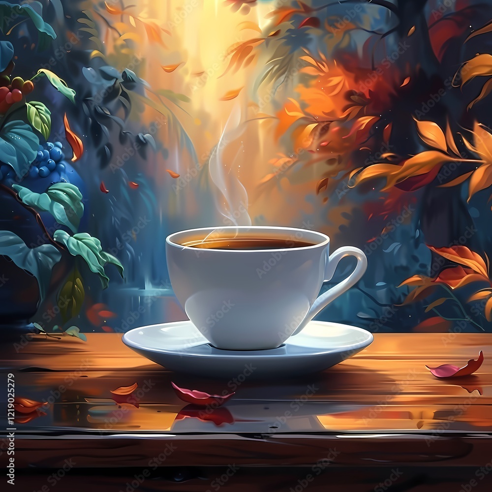 Obraz premium A cozy scene of a steaming cup of coffee on a windowsill, surrounded by autumn leaves and berries, with a serene forest view through the window. Perfect for themes of comfort and tranquility.