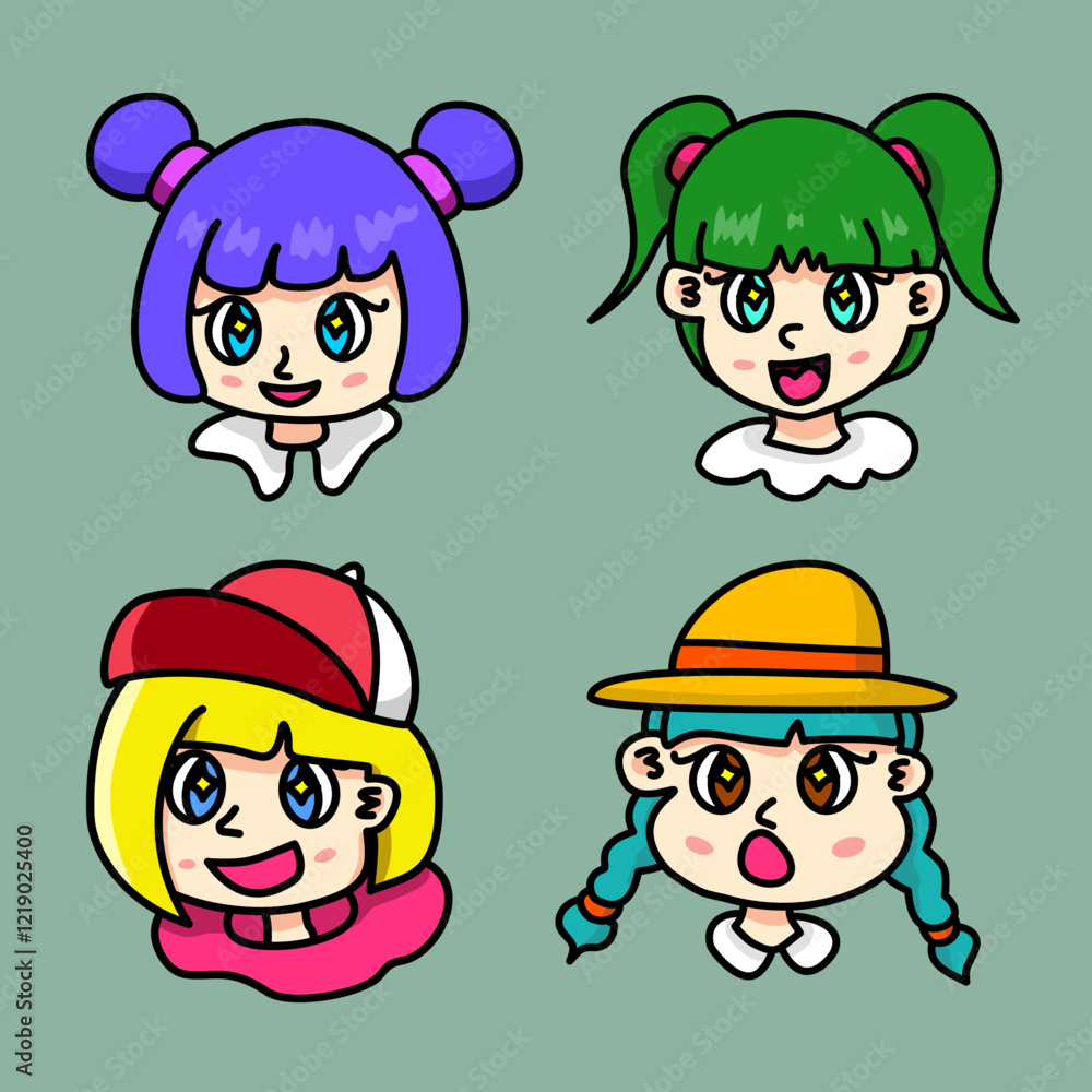 Cute children head element set, colorful cartoon children happy face set, chibi kids head. Cute children head element set, colorful cartoon children happy face set, chibi kids head.