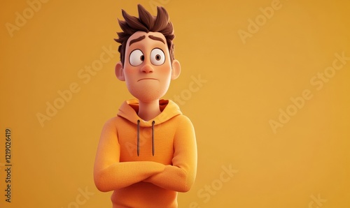 Thoughtful Young Adult Man in Orange Hoodie Contemplating Doubtful Expression 3D Cartoon Character Light Background Concept Human Emotions and Expressions, Generative AI