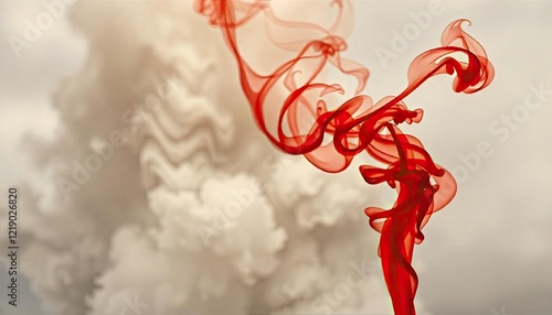 Dynamic Red Smoke Swirls Creating Abstract Artistic Patterns in the Air Against Soft Cloudy Background