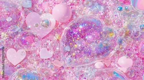 Pink Glitter Hearts Bubbles Background Valentines