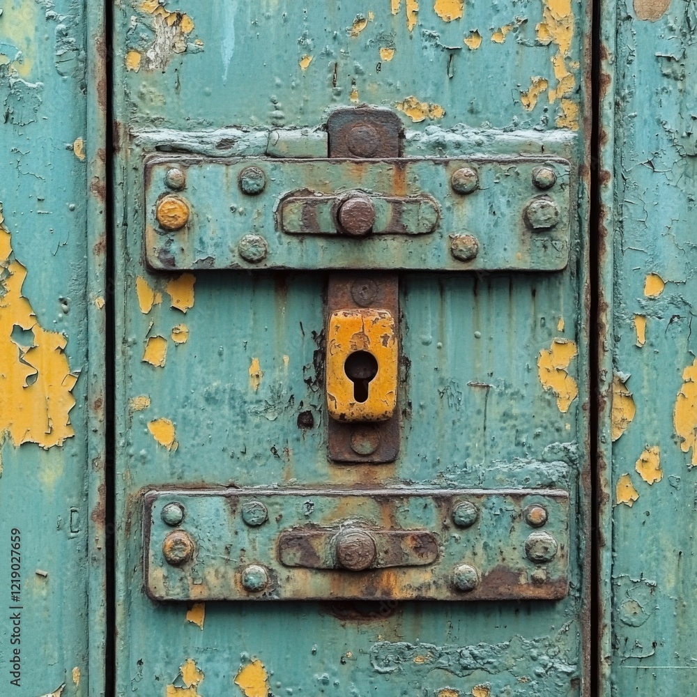 Rusty teal door latch with yellow flaking paint details, close up view, Generated AI Rusty teal door latch with yellow flaking paint details, close up view, Generated AI