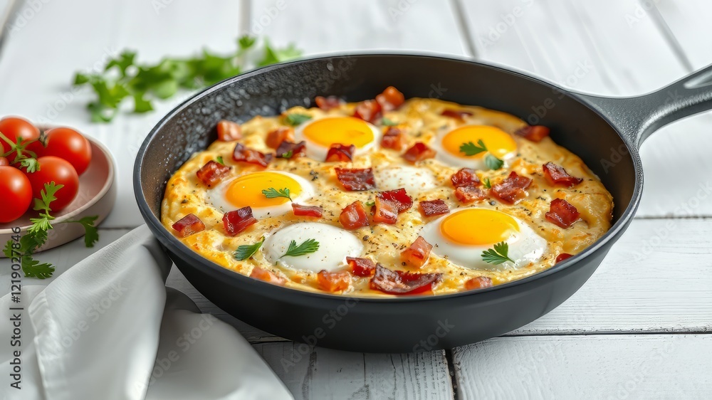Delicious Potato Bacon Frittata in Iron Skillet - High Quality Food Photography Delicious Potato Bacon Frittata in Iron Skillet - High Quality Food Photography
