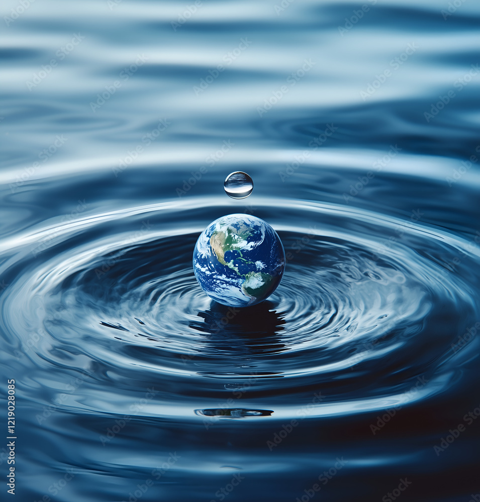 drop of water with the Earth inside, on top of it is an orb ranging in color from light blue to dark blue. The background features ripples and reflections on still waters. drop of water with the Earth inside, on top of it is an orb ranging in color from light blue to dark blue. The background features ripples and reflections on still waters.