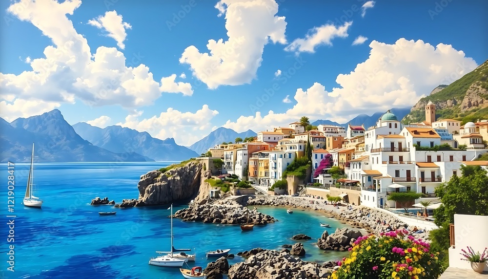 Naklejka premium A picturesque Mediterranean coastal town with vibrant architecture, azure sea, rocky shorelines, and a tranquil bay, set against a dramatic mountain backdrop