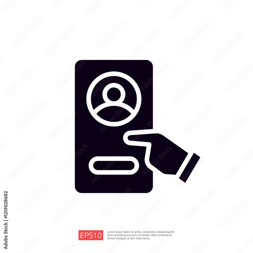 An illustration of a user profile interface with a hand pointing at it, suggesting interaction or selection. Glyph style icon An illustration of a user profile interface with a hand pointing at it, suggesting interaction or selection. Glyph style icon