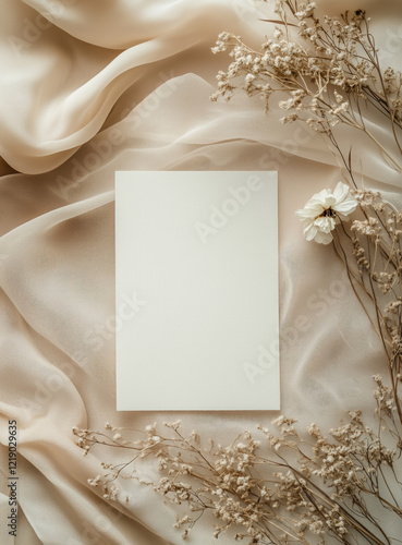 Flat lay of blank white wedding invitation card, surrounded by delicate silk fabric and dried flowers, with neutral color palette. Soft lighting, elegant and sophisticated atmosphere. View from above