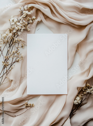 Flat lay of blank white wedding invitation card, surrounded by delicate silk fabric and dried flowers, with neutral color palette. Soft lighting, elegant and sophisticated atmosphere. View from above