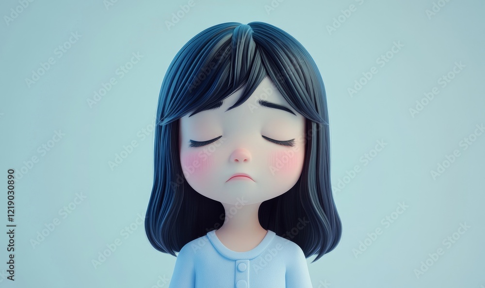 3D Cartoon Girl with Closed Eyes Expressing Sadness and Disappointment - Depressed Asian Female Character Depicting Emotional Struggle in Light Background - Emotional Expression Concept, Generative AI 3D Cartoon Girl with Closed Eyes Expressing Sadness and Disappointment - Depressed Asian Female Character Depicting Emotional Struggle in Light Background - Emotional Expression Concept, Generative AI