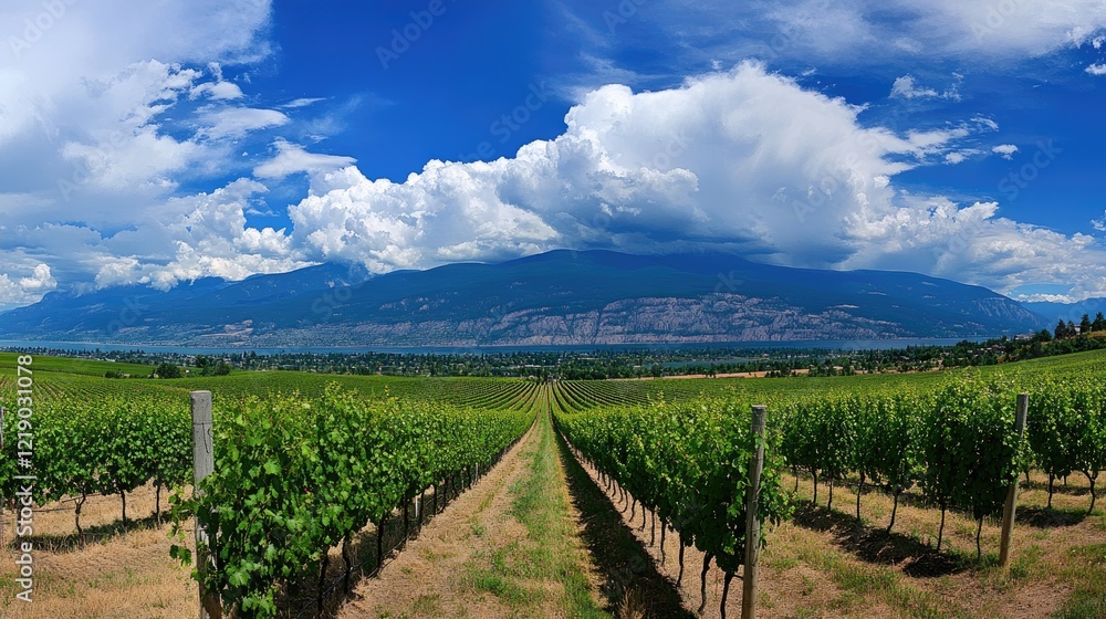 Obraz premium A panoramic view of a vineyard with rows of grapevines stretching to the horizon.