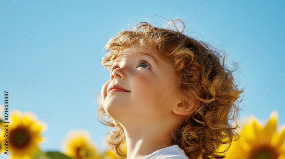 Fototapeta premium Sun-Kissed Wonder: A child's face radiates pure joy and wonder as they gaze up at the boundless blue sky, surrounded by a field of vibrant sunflowers.