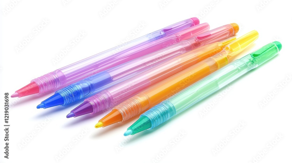 A set of colorful gel pens on a white isolated background A set of colorful gel pens on a white isolated background